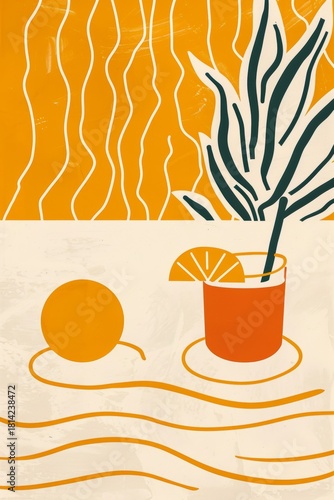 Ilustración minimalista de bebida tropical en tonos cálidos, Diseño veraniego minimalista con naranjas y bebida refrescante, invitación fiesta de verano