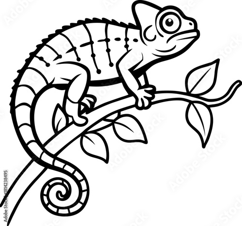 A detailed black and white illustration of a chameleon resting on a branch. The chameleon is positioned on the right side of the frame, facing slightly to the left, with its head turned to look at the