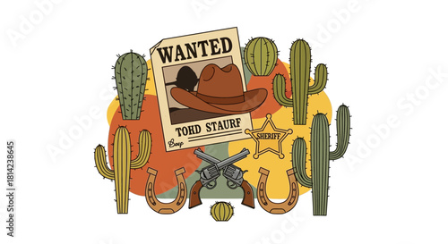 Cartoon illustration of a Western scene with cowboy, cactuses, and wanted poster
