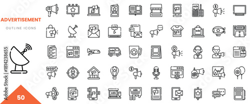 Variety of advertising-themed outline icons showcasing communication and media elements.
