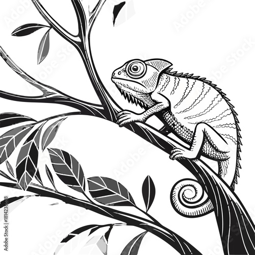 A detailed black and white illustration of a chameleon resting on a branch. The chameleon is positioned on the right side of the frame, facing slightly to the left, with its head turned to look at the