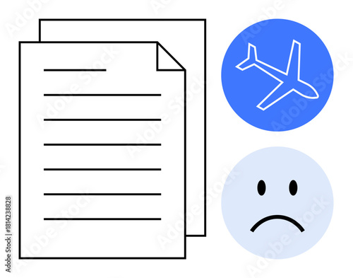 Travel cancellation. Depicts airline ticket cancellation and trip disruption. Travel cancellation ed by document icon, airplane symbol, and sad face. For trip logistics, refunds, customer service