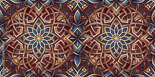Intricate geometric pattern featuring rich earthy tones blended with blue accents.