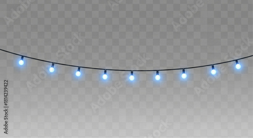 Elegant string of luminous blue lights. An eye-level shot captures a horizontal display of illuminated bulbs. Ideal for holiday-themed designs. vector illustration