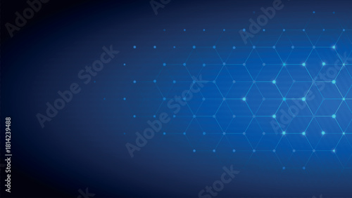 Futuristic blue technology background with glowing hexagon network, digital grid connections, bright data nodes and modern cyber tech interface design.