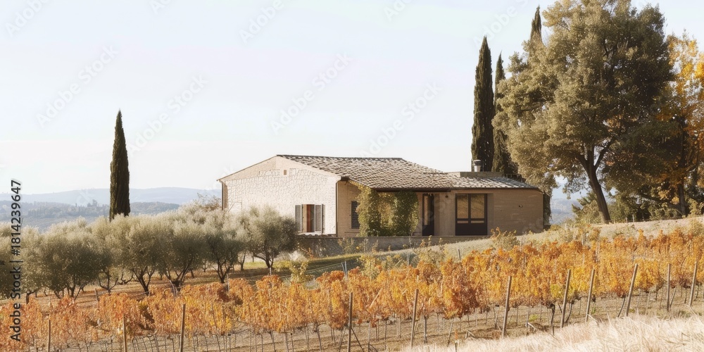 Fototapeta premium Casa rural entre viñedos y olivos en paisaje mediterráneo, Casa de campo rodeada de naturaleza en zona vinícola, Viñedo al atardecer con casa rústica y cipreses