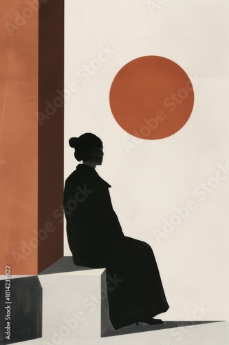 Ilustración minimalista con sol naranja y figura solitaria, Póster minimalista aesthetic, soledad, alma, mujer pensativa