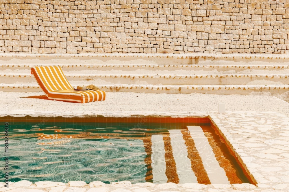 Naklejka premium Terraza con piscina y tumbonas frente al mar Mediterráneo, Piscina exterior con vistas panorámicas y decoración mediterránea, Patio mediterráneo con piscina y paisaje natural de fondo