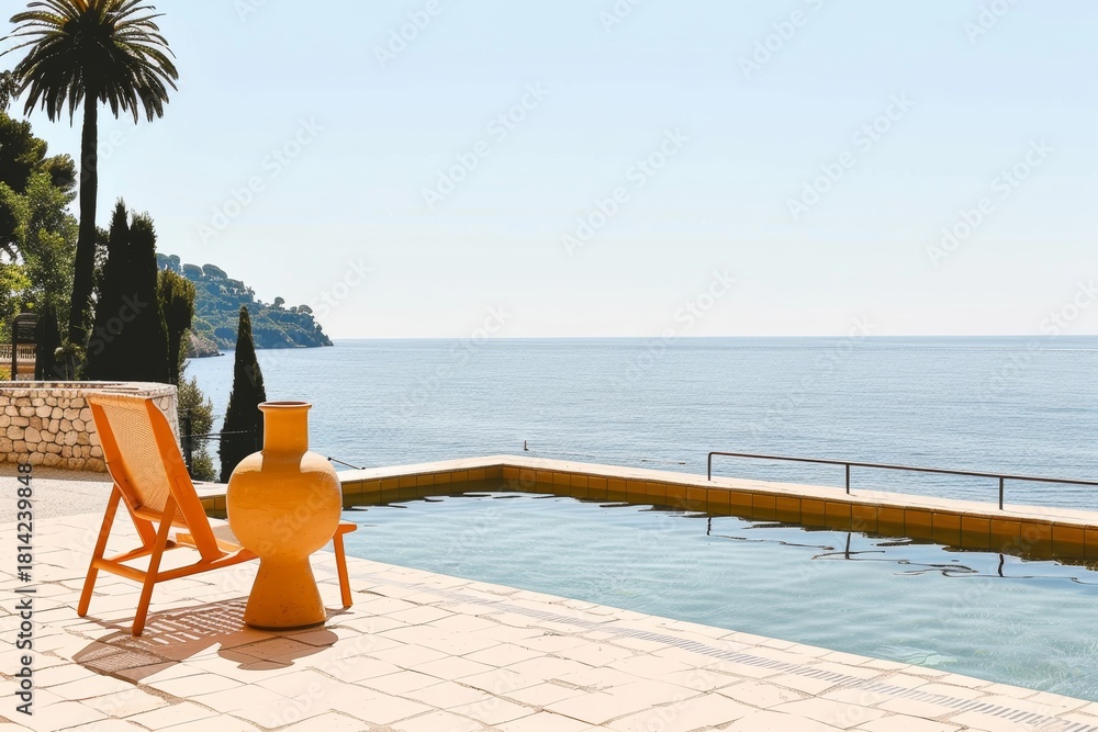 Naklejka premium Terraza con piscina y tumbonas frente al mar Mediterráneo, Piscina exterior con vistas panorámicas y decoración mediterránea, Patio mediterráneo con piscina y paisaje natural de fondo