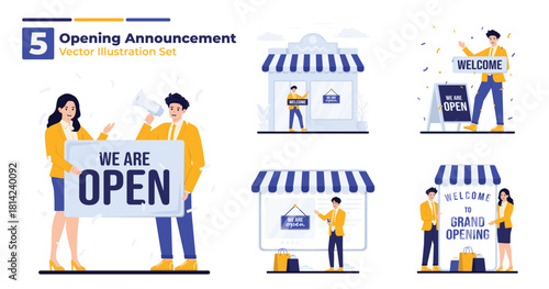 Vector illustration concept set for grand opening announcements, we are open welcome signs, open banners, and celebratory designs for businesses