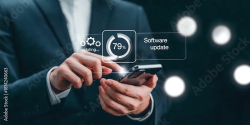 A man updating software on a smartphone with a progress bar showing seventy nine percent complete