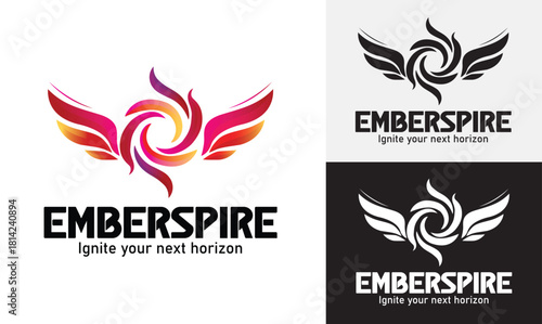 Abstract colorful phoenix wing logo with vibrant gradient flames and dynamic swirling feather shapes