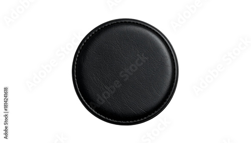 Single Black Leather Circle or Coaster with Stitching Isolated on Transparent Background