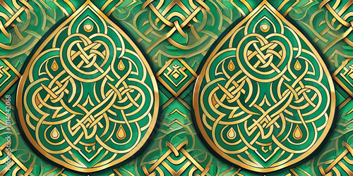 Intricate golden Celtic patterns on a rich green background, reflecting tradition and artistry.
