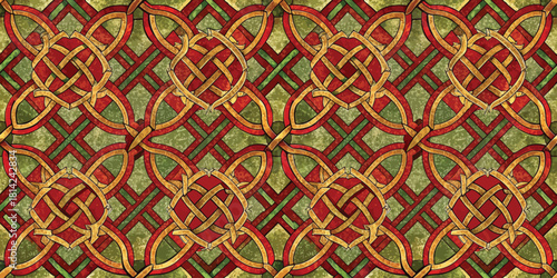 Intricate tapestry of interwoven knots in vibrant green, red, and gold hues.