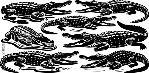 A collection of illustrations featuring various poses of crocodiles. The crocodiles are primarily rendered in shades of green and brown, with detailed scales and open mouths revealing pink interiors. 