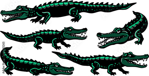 A collection of illustrations featuring various poses of crocodiles. The crocodiles are primarily rendered in shades of green and brown, with detailed scales and open mouths revealing pink interiors. 