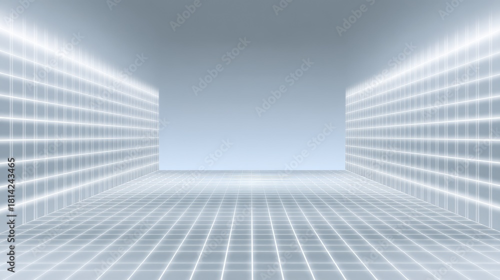 Fototapeta premium Modern Minimalist Interior Space with Bright Neon Lights and Grid Pattern Floor for Creative Design and Virtual Background Usage