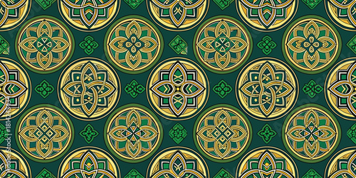 Intricate patterned design featuring geometric floral motifs in green and gold tones.