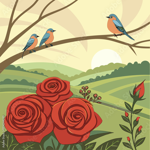 Whimsical nature scene with birds perched on a tree branch, overlooking vibrant red roses in bloom under a gentle sun, celebrating nature's harmony