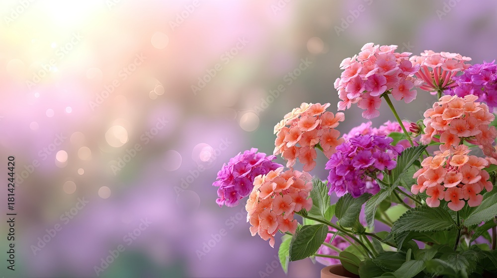 Obraz premium Colorful Lantana Flowers in Bloom with Soft Focus Background and Gentle Light Atmosphere Creating a Serene and Inviting Floral Scene