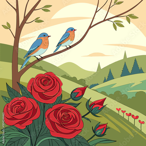 Enchanting nature scene with vibrant roses, charming bluebirds perched on a tree branch, and a serene landscape for a peaceful, joyful feeling
