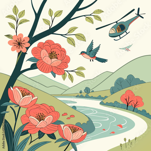 Whimsical landscape of nature's beauty and technological advancement with a helicopter flying above a serene river valley, contrasted by delicate floral elements