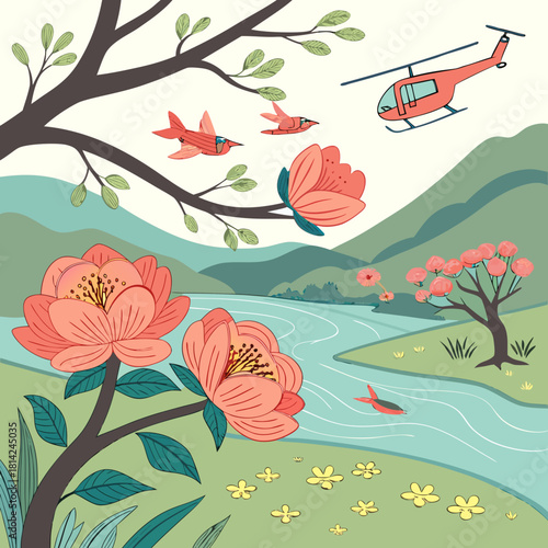 Whimsical landscape illustration with flowers, birds, and a helicopter, perfect for children's books or cheerful designs, originally created as scalable vector art