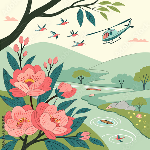 Whimsical landscape with a helicopter, flowers and birds enjoying a peaceful day in nature, perfect for children's books and nature-themed designs