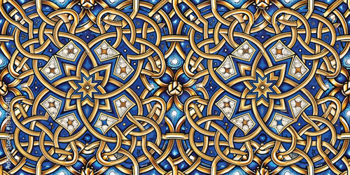 Intricate interwoven patterns in gold and blue, showcasing a stunning craftsmanship of decorative design.