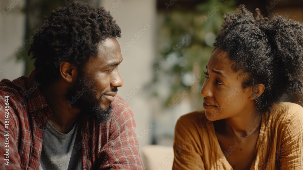 Obraz premium A couple engaged in a serious and emotional conversation, their expressions and body language reflecting tension and unresolved conflict.
