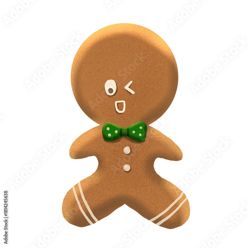 Gingerbread man with green bow tie.Christmas holiday cookie clipart.Xmas decoration icon.