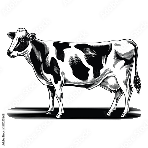 Detailed black and white ink sketch of a holstein friesian dairy cow standing in profile with a textured farm field background