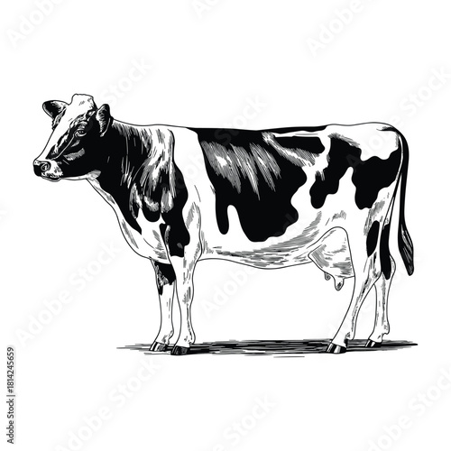 Detailed black and white ink sketch of a holstein friesian dairy cow standing in profile with a textured farm field background