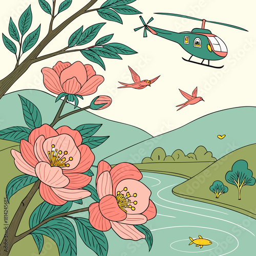 Whimsical river scene with blooming flowers, flying birds, and a helicopter soaring over rolling hills, perfect for children's books and nature designs
