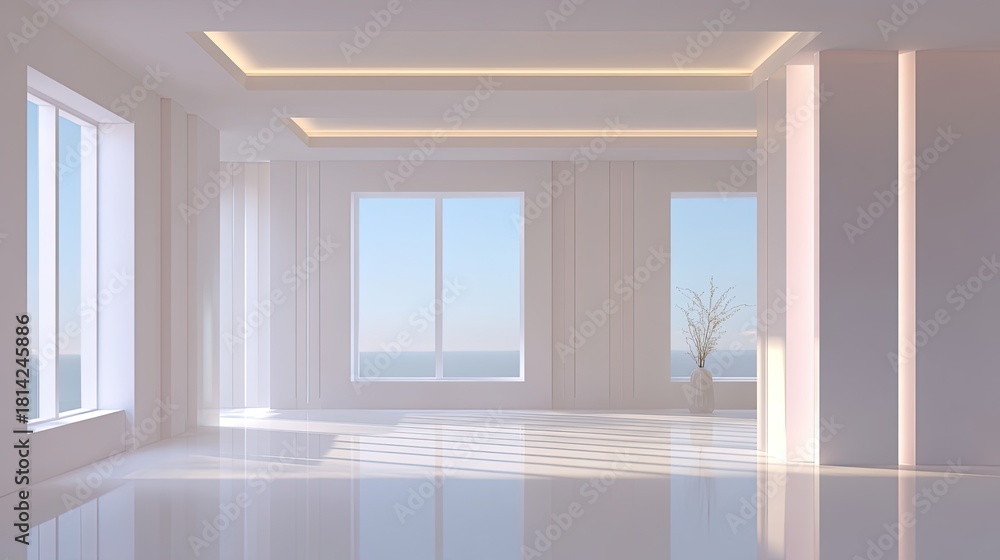 Obraz premium Bright and Airy Modern Interior with Large Windows and Minimalist Design, Perfect for Contemporary Living Space or Office Environment