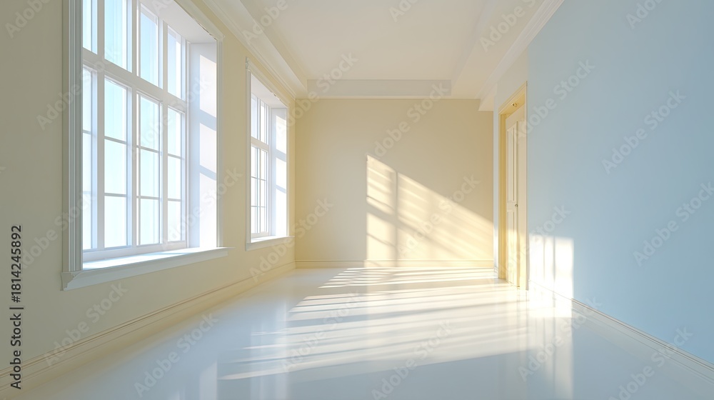 Fototapeta premium Bright and Airy Interior Design with Large Windows and Soft Natural Light in Empty Room Featuring Warm Tones and Clean Lines for Modern Aesthetic