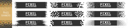 Abstract pixel banner set, monochrome rectangle backgrounds, modern digital design templates on transparent background