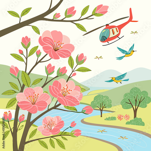 Whimsical landscape with stylized flowers, birds, and planes flying above vibrant mountains, a playful scene evoking wanderlust and imagination in nature
