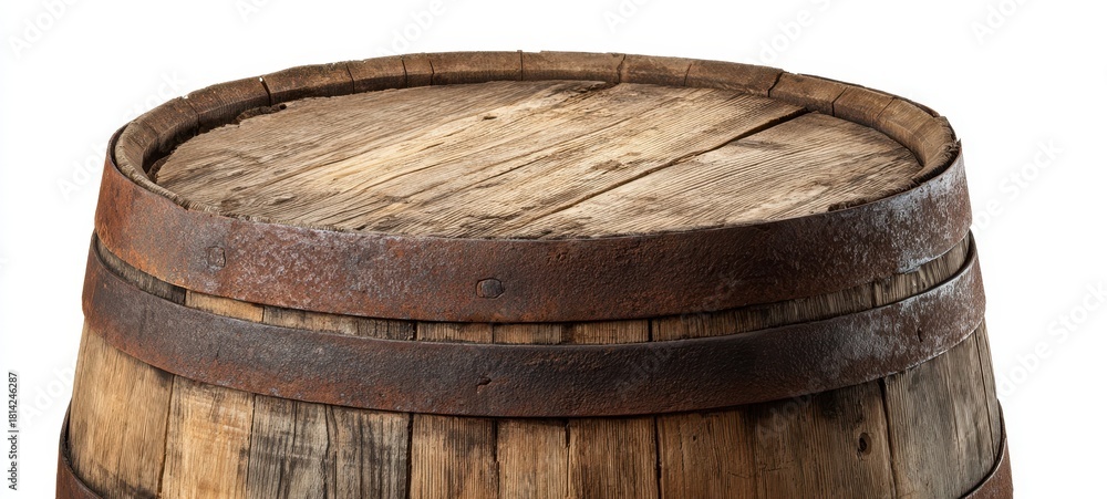 Fototapeta premium The wooden barrel top isolated on white background rustic vintage oak container