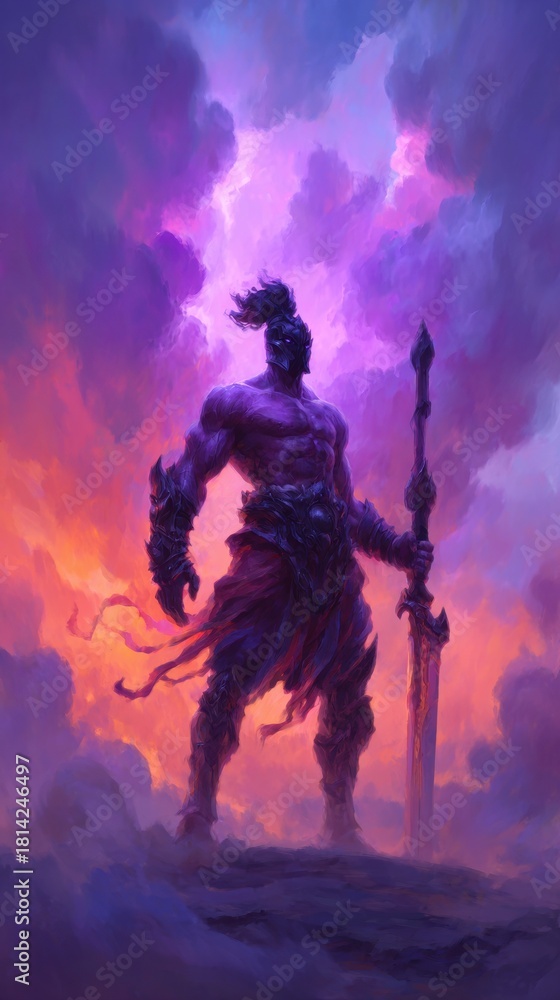 Fototapeta premium Guardian of the Storm: A majestic warrior stands proudly amidst a dramatic, purple-hued sky filled with billowing clouds. The warrior, clad in ancient armor and wielding a formidable sword.