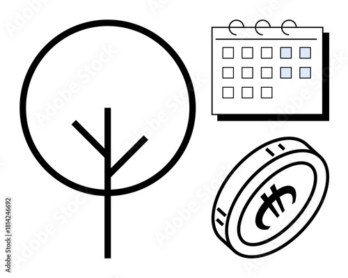 Stylized tree, calendar, and digital coin represent financial planning, sustainability, eco-investment, growth, time management, future planning and resource allocation. Simple flat metaphor