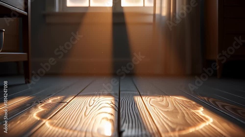 Wallpaper Mural Golden sunlight beams streaming through a window onto a wooden floor with floating dust particles in a cinematic 3D animation, creating a peaceful morning atmosphere Torontodigital.ca