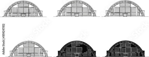 Hangar elevation icon set, arched roof building designs, structural truss silhouette and line drawings, architectural presentation styles, flat vector illustration, flavector