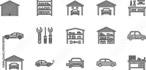 Garage icon set, cars, tools, workbench, storage shelves, vehicle maintenance symbols, automotive service illustration, flat vector graphic, organized workspace, flavector