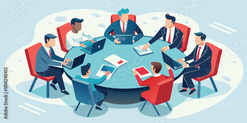 Diverse group of business professionals gathered around a conference table utilizing laptops and documents for an important strategy meeting in a modern office environment