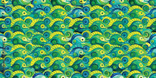Colorful abstract pattern featuring numerous whimsical chameleons blending in shades of green and blue.