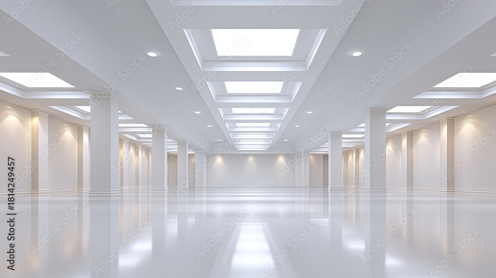 Naklejka premium Bright and Spacious Modern Interior with White Columns and Smooth Reflective Floor in a Minimalist Design Suitable for Various Uses