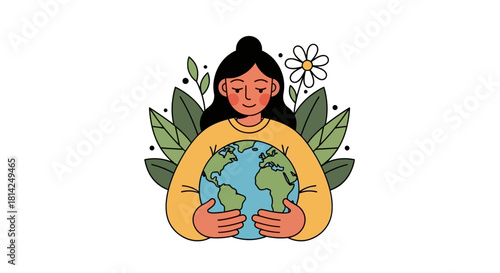 An illustration of a woman lovingly cradling the Earth, representing ecological awareness, environmental care, and the importance of planetary stewardship