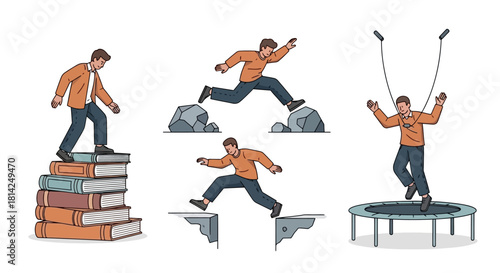A set of character illustrations depicting concepts of business growth, overcoming challenges, and personal development through ambition and learning